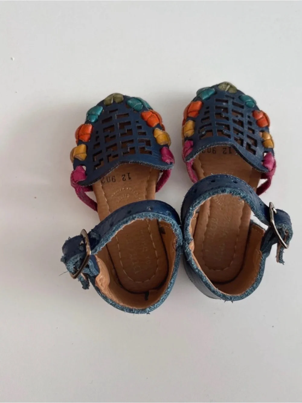 Kids Navy Leather Mary Jane Sandals with Multicolor Braided Accents 2